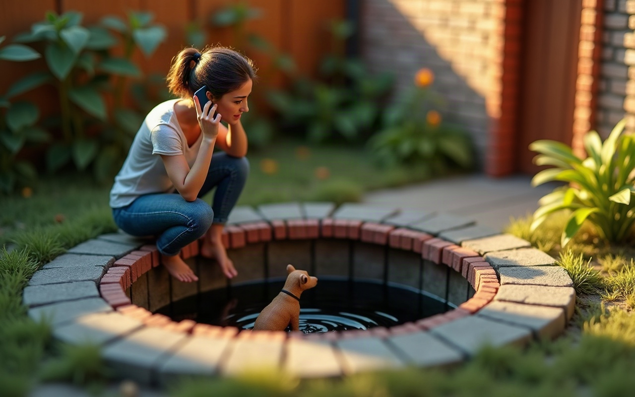 Mujer agachada en el borde de una cisterna de ladrillos en un patio, con el celular en la oreja, mirando a un cachorro en el fondo del pozo con agua