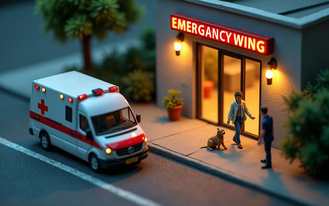 Maqueta de una guardia médica al atardecer: una ambulancia parada en el cordón, un perro color caramelo sentado en la vereda cerca de la puerta de vidrio iluminada, una mujer con una campera clara que camina despacio hacia él con los brazos abiertos y un guardia de seguridad parado al lado, bajo un cartel luminoso en inglés