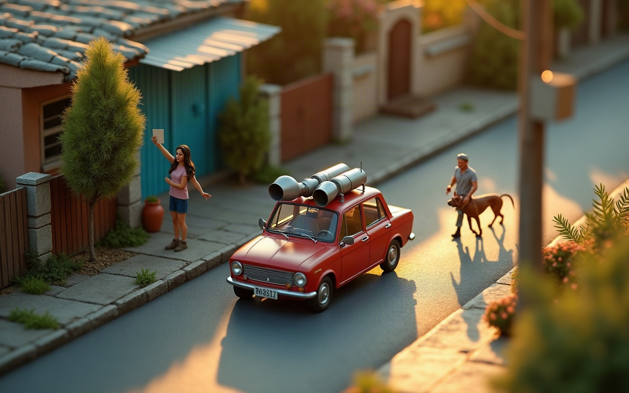 Maqueta de una calle residencial al atardecer: un auto rojo antiguo con dos altoparlantes en el techo pasa despacio, una mujer en la vereda levanta un papel con la mano, y más adelante un hombre camina junto a un perro marrón