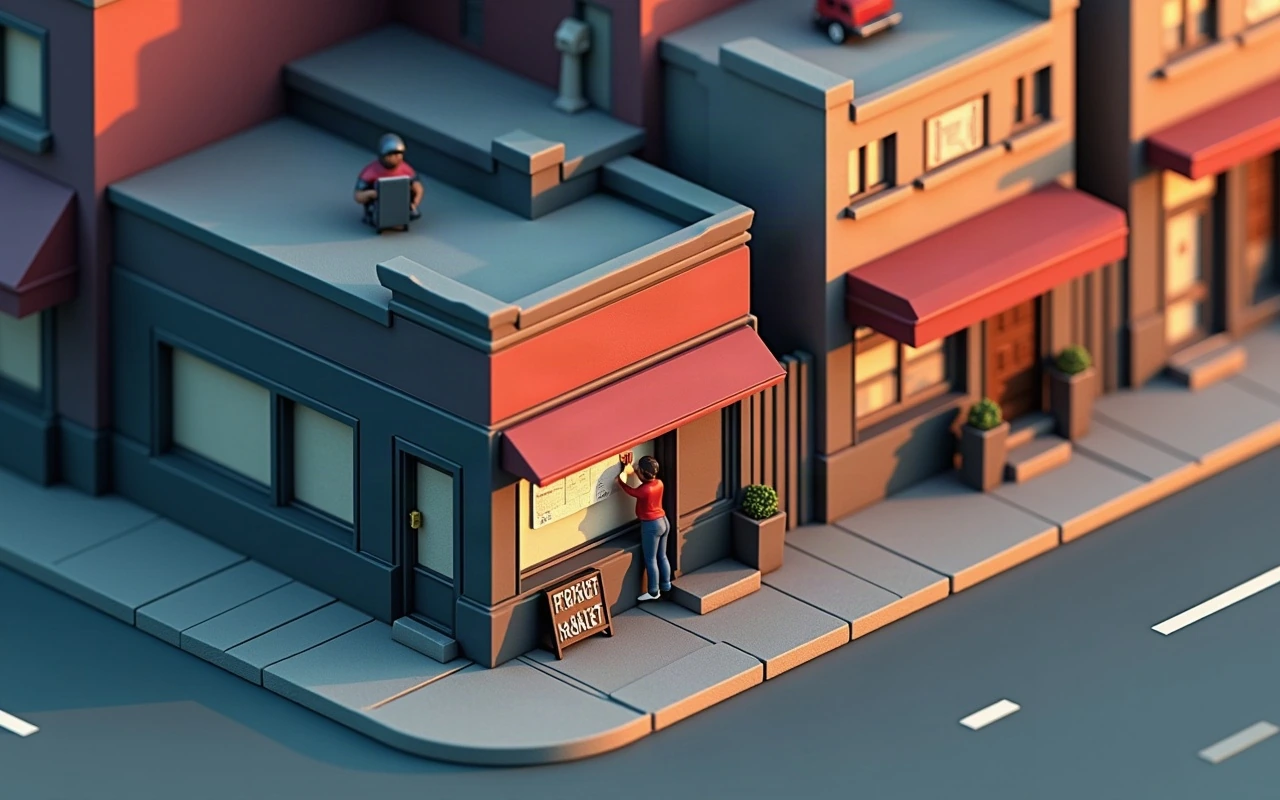Ilustración isométrica de una esquina comercial al atardecer, con una persona pegando un cartel en la pared del local