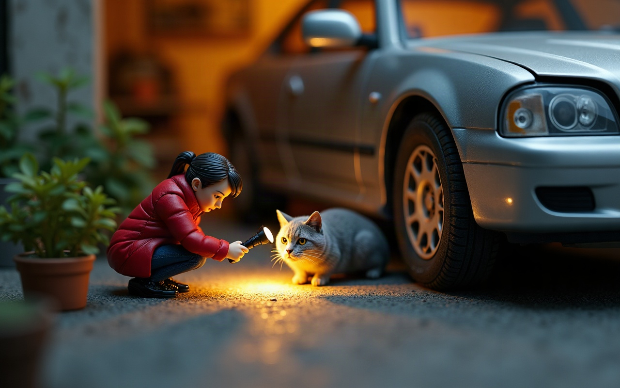 Maqueta de una mujer de campera roja agachada al lado de la rueda delantera de un auto plateado, iluminando con una linterna a un gato gris que mira hacia la luz