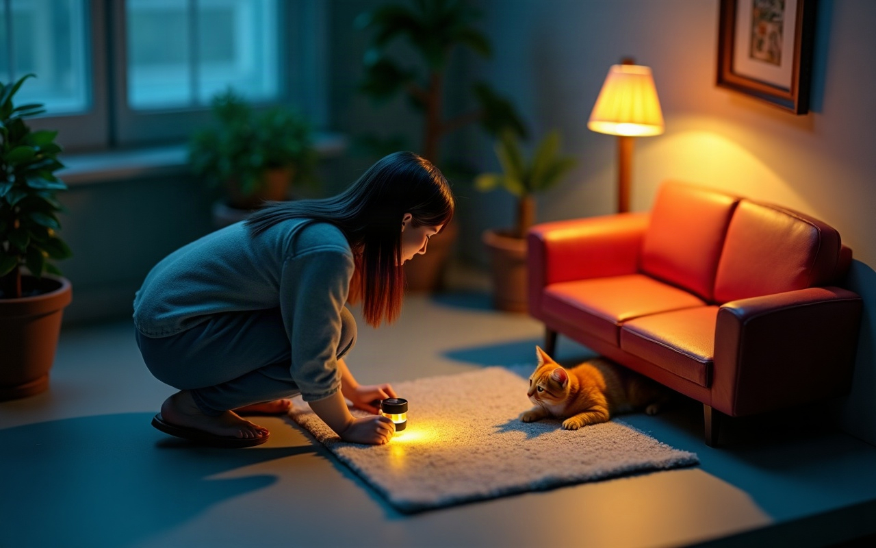 Diorama isométrico de un living de noche con una mujer adulta de pelo oscuro arrodillada en el piso sosteniendo una linterna a la altura de la alfombra, y un gato naranja saliendo de debajo de un sofá rojo con la cara hacia la luz